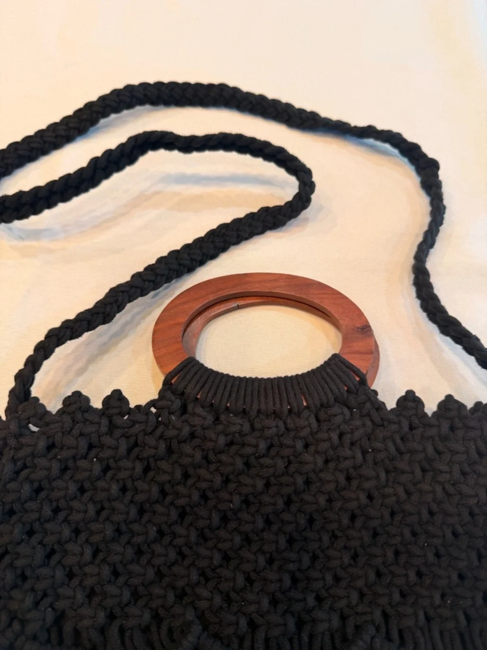 Danielle Nicole Black Macramé Fringe Bag Crossbody with Wooden Handles - Picture 6 of 10
